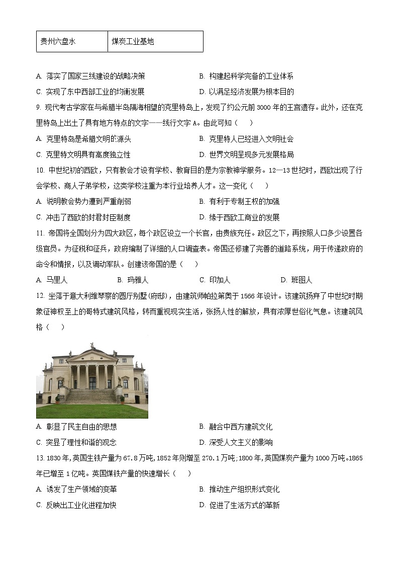 贵州省毕节市2023-2024学年高一下学期期末联考历史试题 Word版无答案第3页