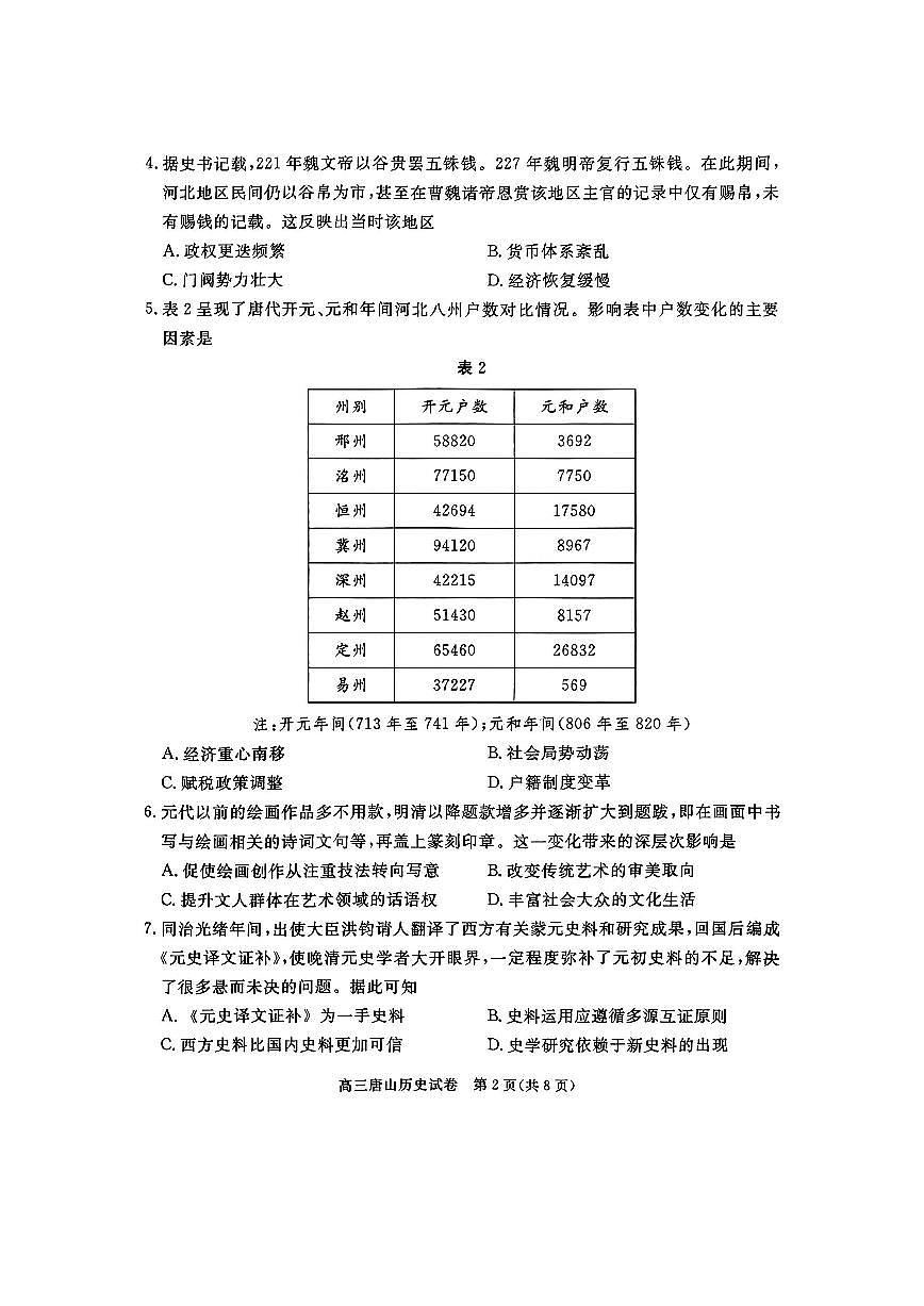 历史-河北省唐山市2025届高三下学期3月第一次模拟考（唐山一模）试题第2页