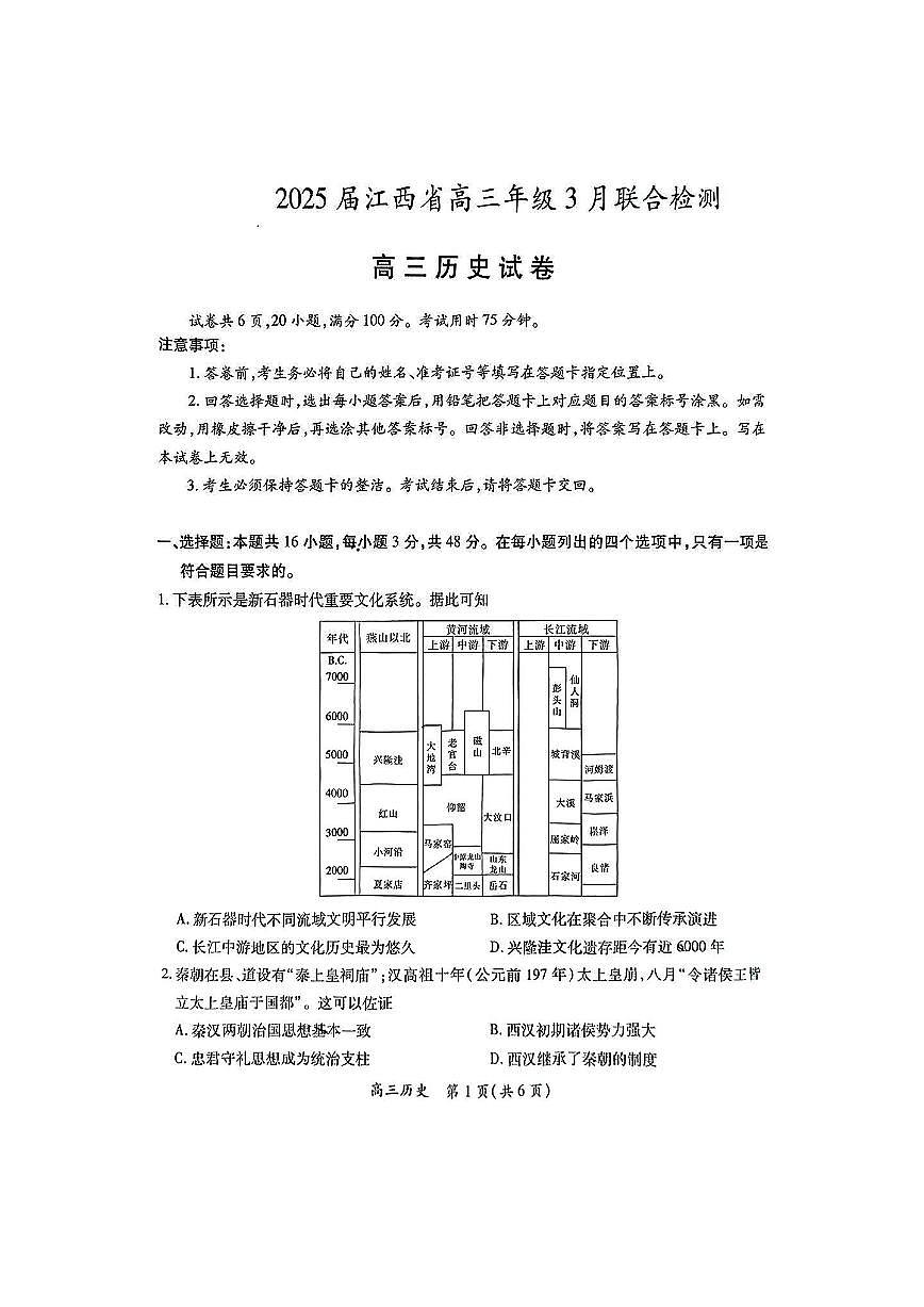 历史-江西省上进联考2025届高三下学期3月联合检测试题第1页