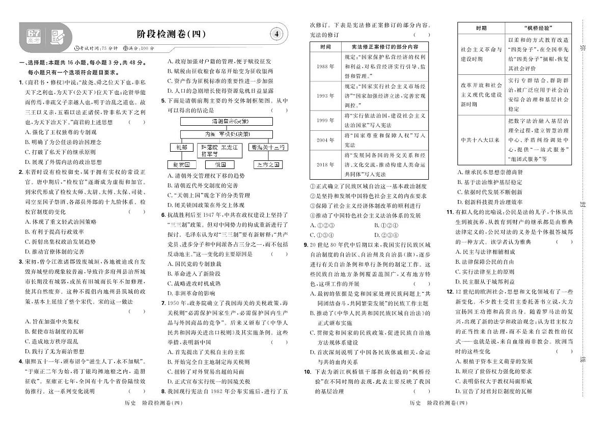 2025高考复习阶段检测卷-历史（四）+答案第1页