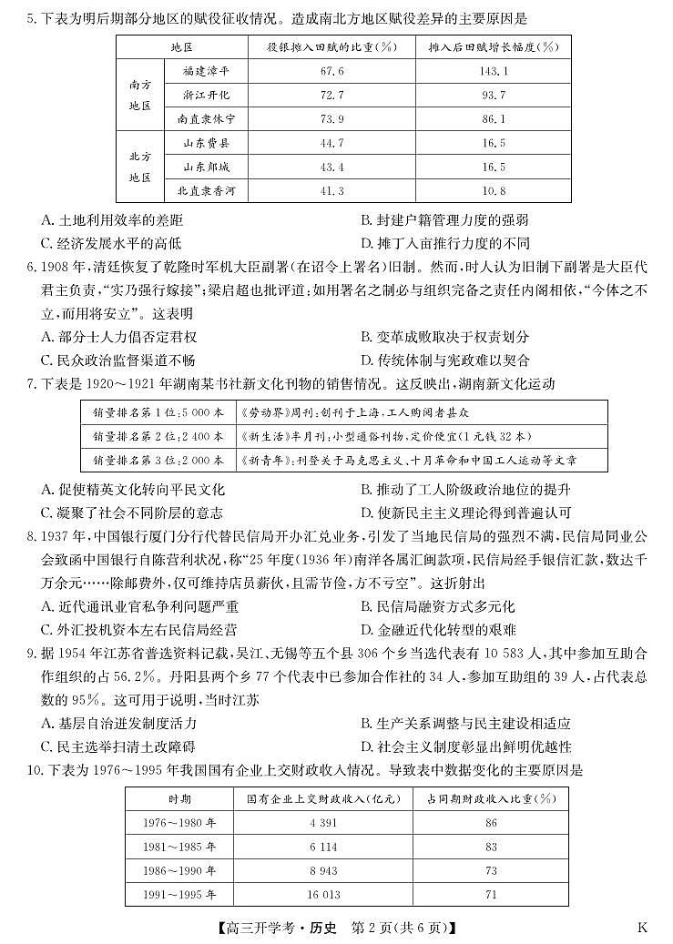 九师联盟2025届高三下学期2月开学考试历史第2页