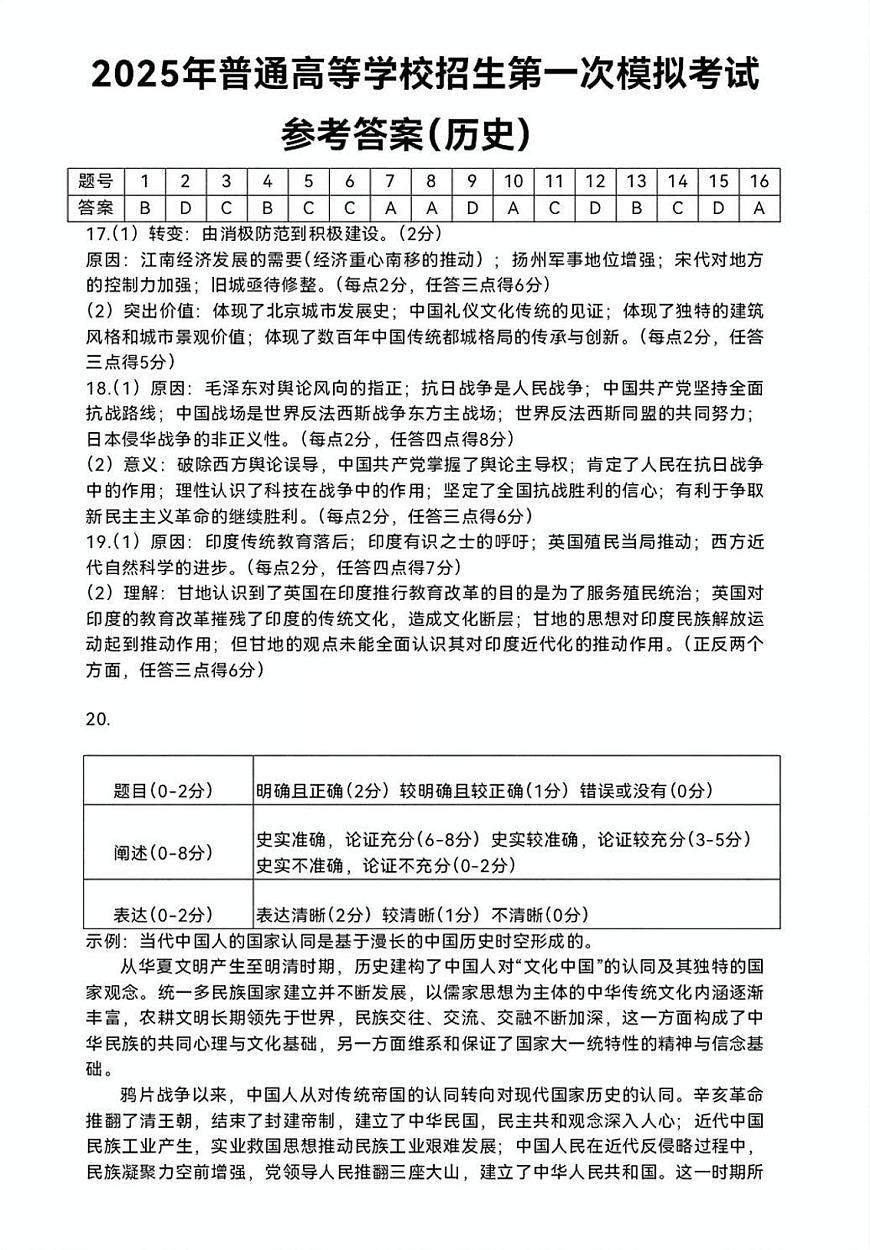 内蒙古自治区呼和浩特市2025届高三第一次模拟考试历史答案第1页