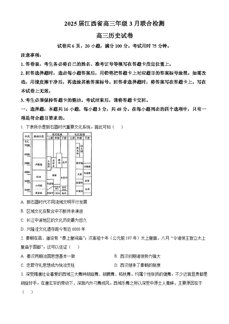 2025届江西省部分高中高三下学期3月联合检测（一模）历史试题（原卷版+解析版）第1页