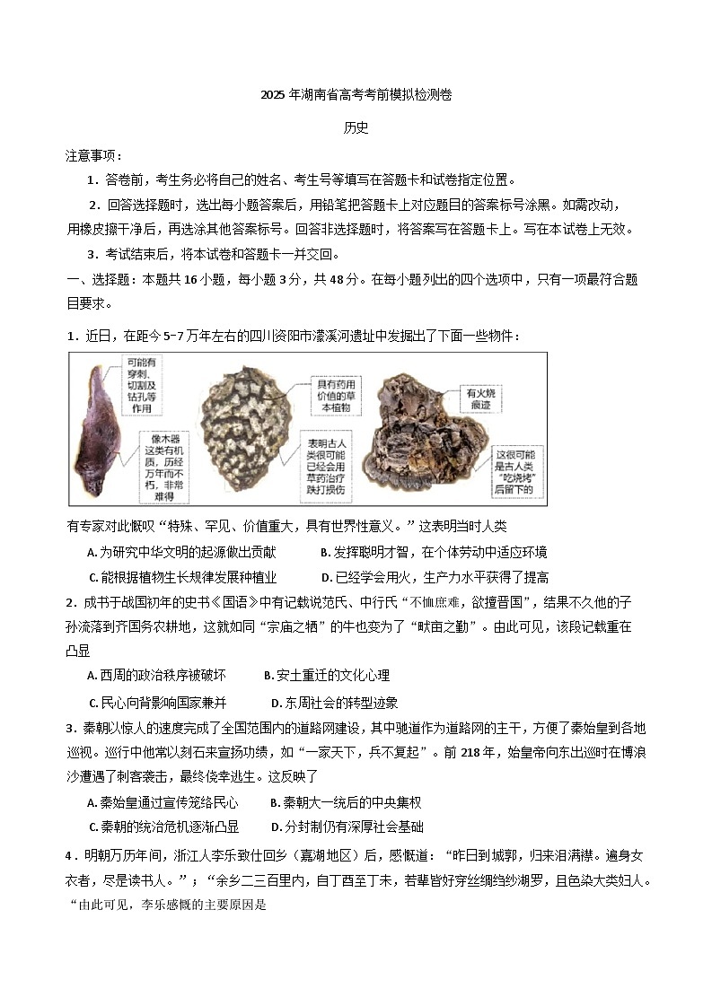 2025届湖南省高三下学期高考考前模拟检测历史试题第1页