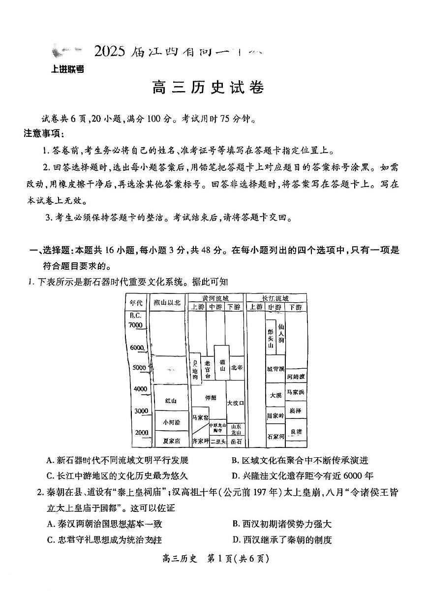 历史丨江西省稳派上进联考2025届高三下学期3月二轮总复习联合检测历史试卷及答案第1页