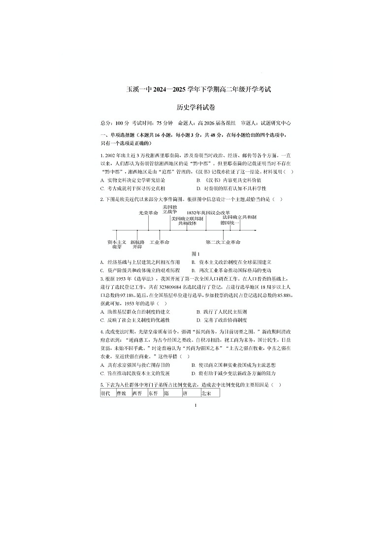 2024—2025学年度云南省玉溪市玉溪一中高二第二学期开学考试历史试题第1页