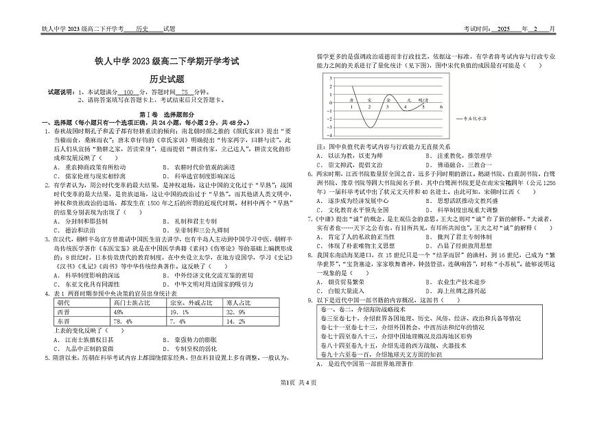 2024—2025学年度黑龙江省大庆铁人中学高二第二学期开学考试历史试题第1页