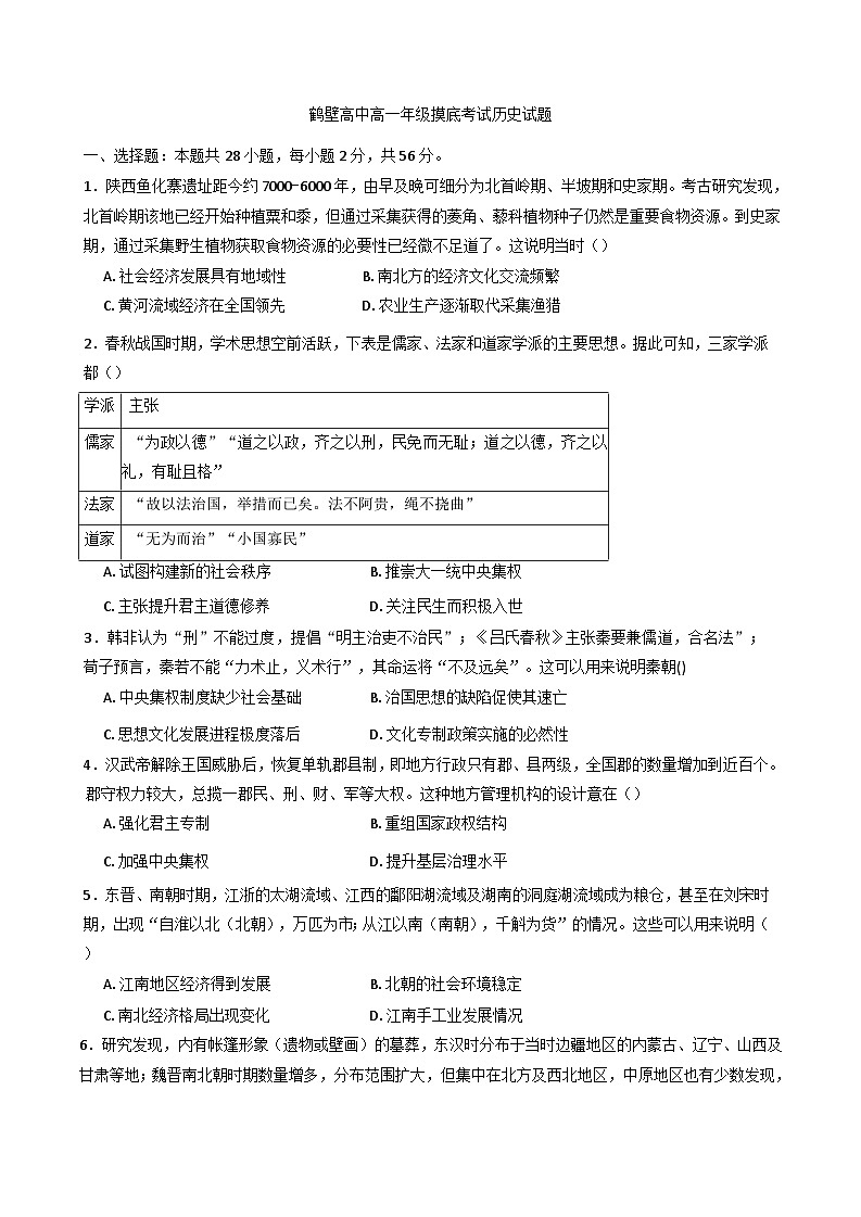 河南省鹤壁市高中2024-2025学年高一下学期开学摸底考试历史试题（含解析）第1页