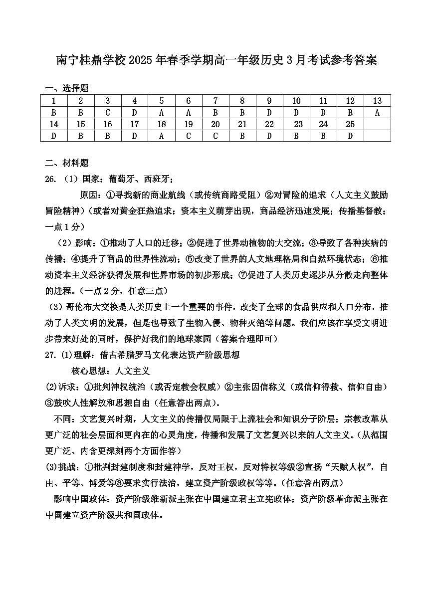 南宁桂鼎学校2024年秋学期高一年级历史科段考试题参考答案第1页