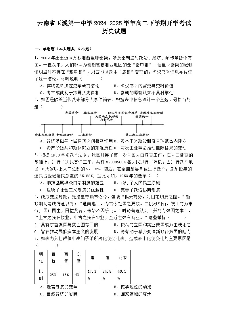 云南省玉溪第一中学2024-2025学年高二下学期开学考试历史试题第1页