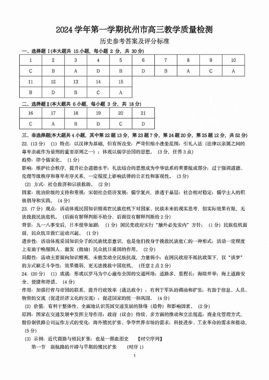 浙江省2025届高三杭州一模历史答案第1页