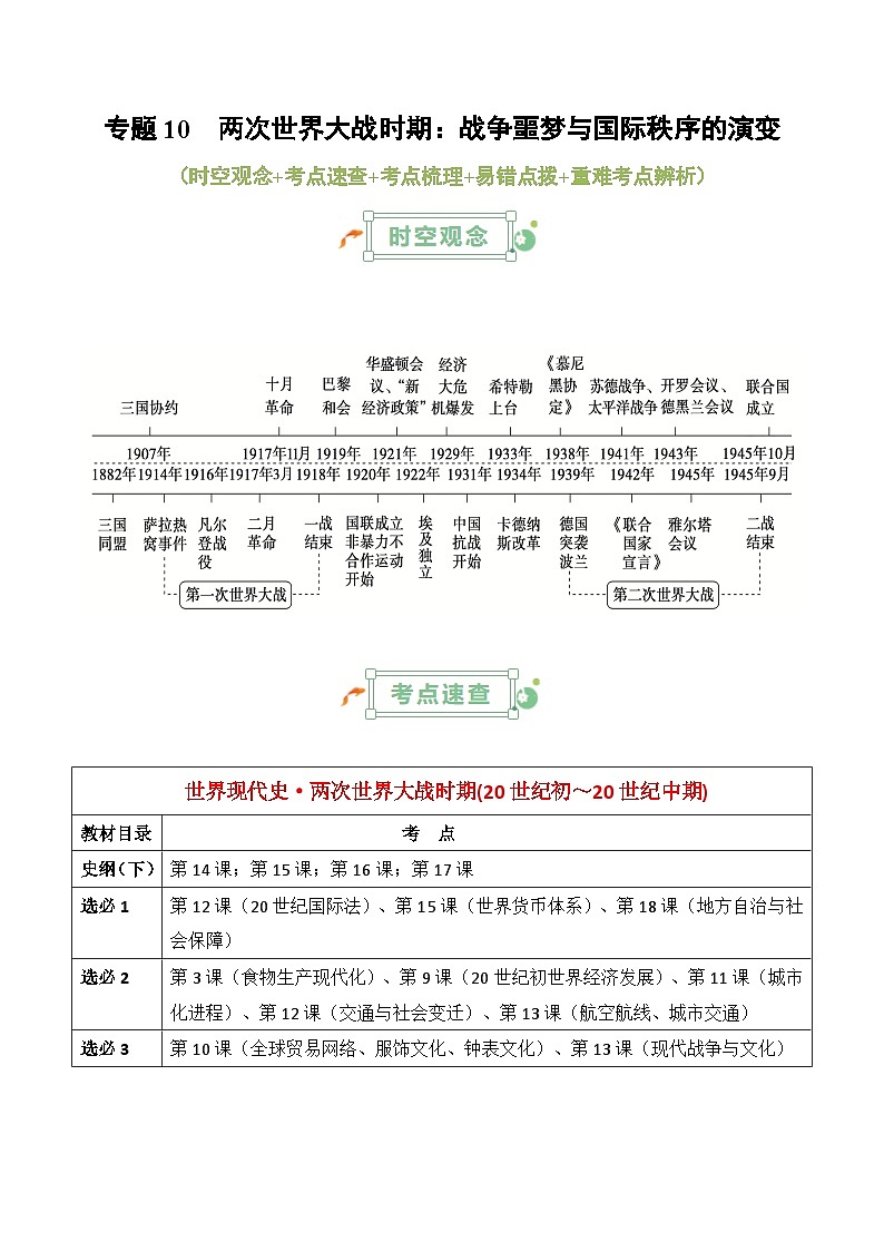 2025年高考复习：历史基础知识清单（全国通用）-专题10 两次世界大战时期：战争噩梦与国际秩序的演变学案第1页