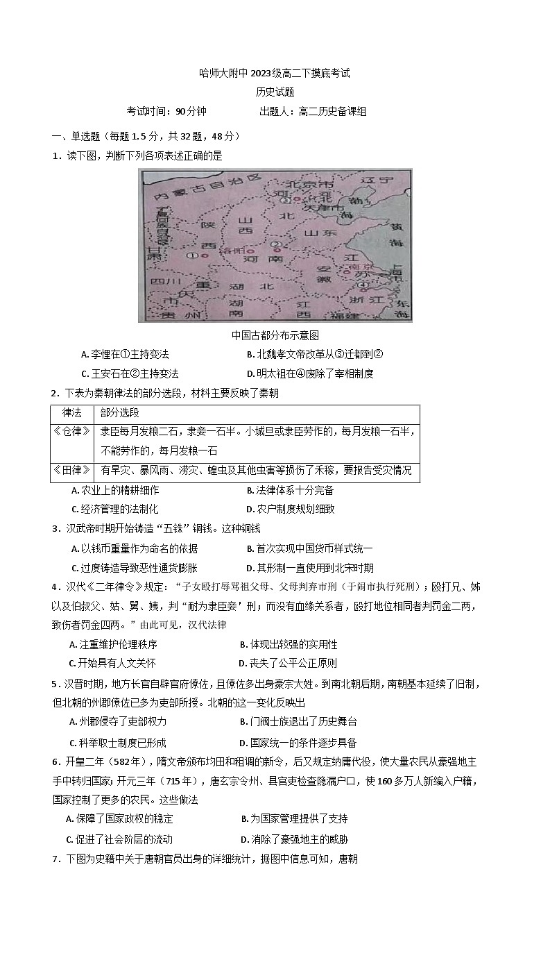 黑龙江省哈尔滨师范大学附属中学2024-2025学年高二下学期开学考试历史试卷第1页