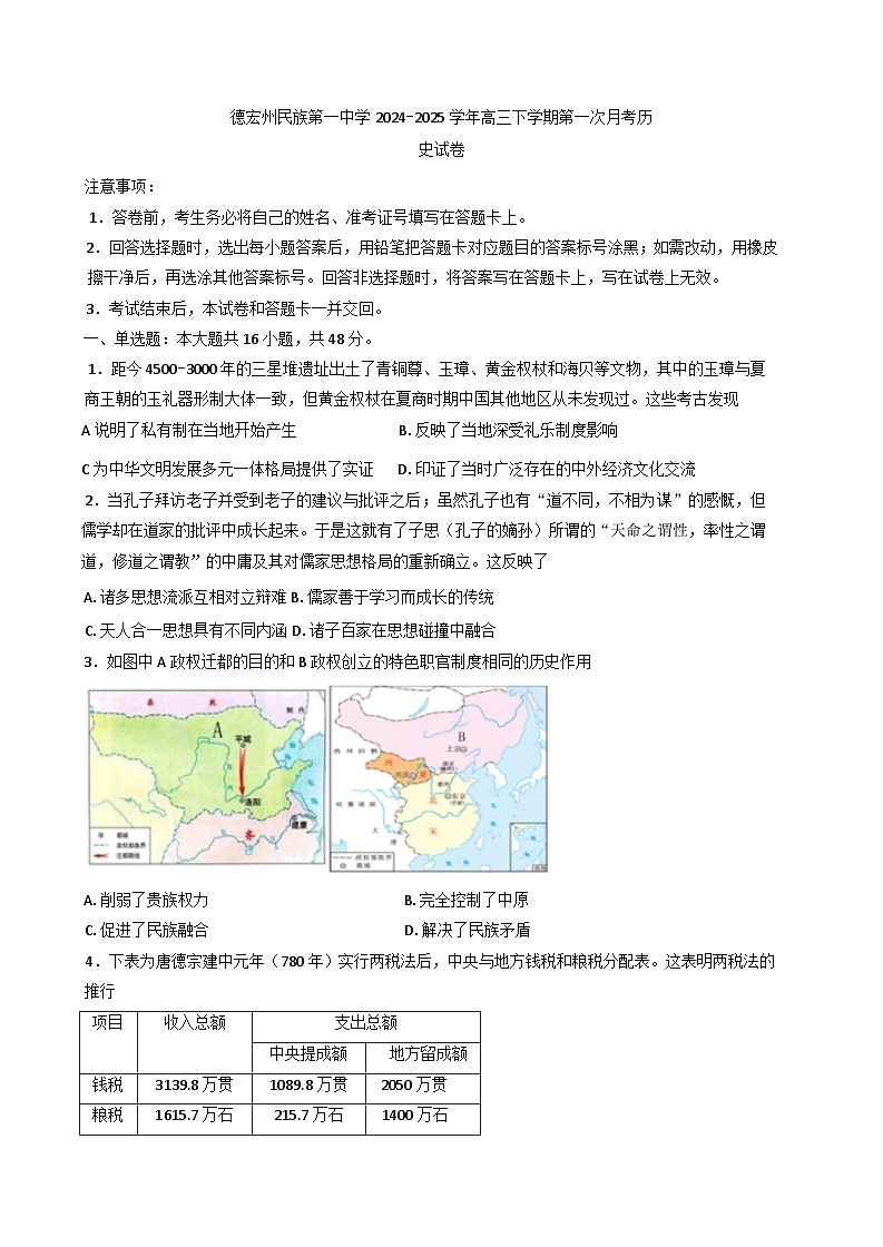 2025届云南省德宏傣族景颇族自治州民族第一中学高三下学期第一次月考历史试题第1页