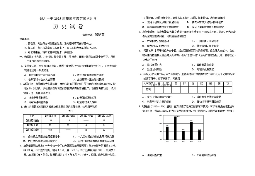 2025届宁夏银川一中高三11月第三次月考-历史（含答案）第1页