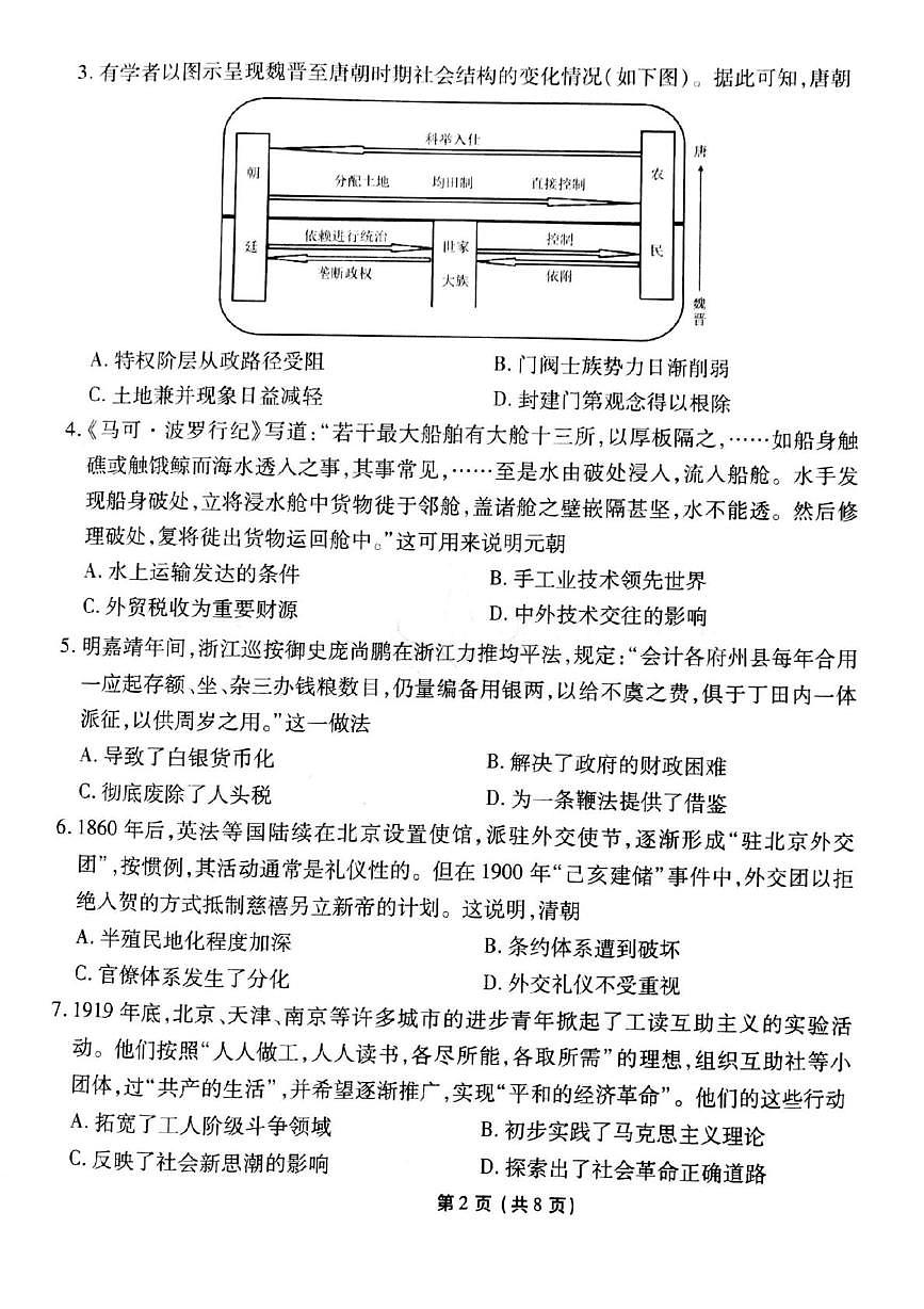 2025年普高招生全国统一考试模拟（一）历史（含答案）第2页