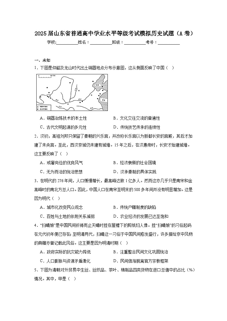 2025届山东省普通高中学业水平等级考试模拟历史试题（A卷）（附答案解析）第1页