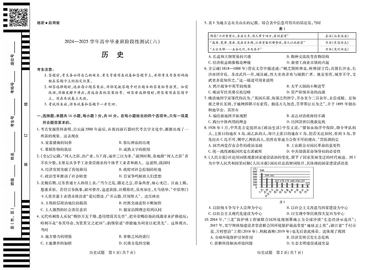 河南省部分学校2024-2025学年高中毕业班阶段性测试（六）历史第1页