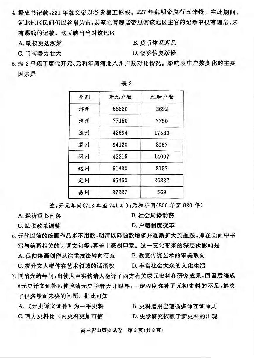 历史丨河北省唐山市2025届高三下学期3月学业⽔平选择性考试第⼀次模拟演练（唐山一模）历史试卷及答案第2页