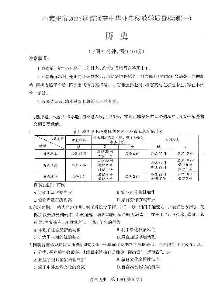 河北石家庄一模2025届普通高三教学质量检测一历史试题（含答案）第1页