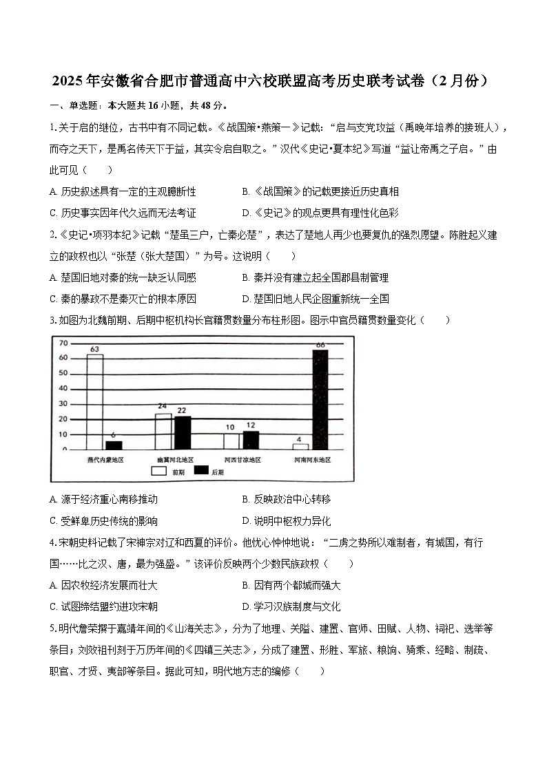 2025安徽省合肥市普通高中六校联盟高三下学期联考历史试题第1页