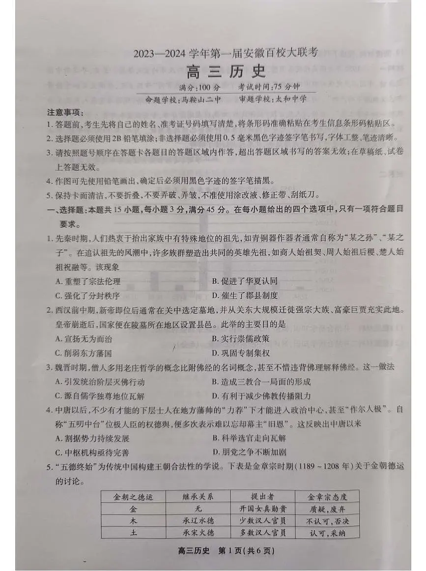 2024届安徽省高三上学期 百校大联考-历史试题（含答案）第1页