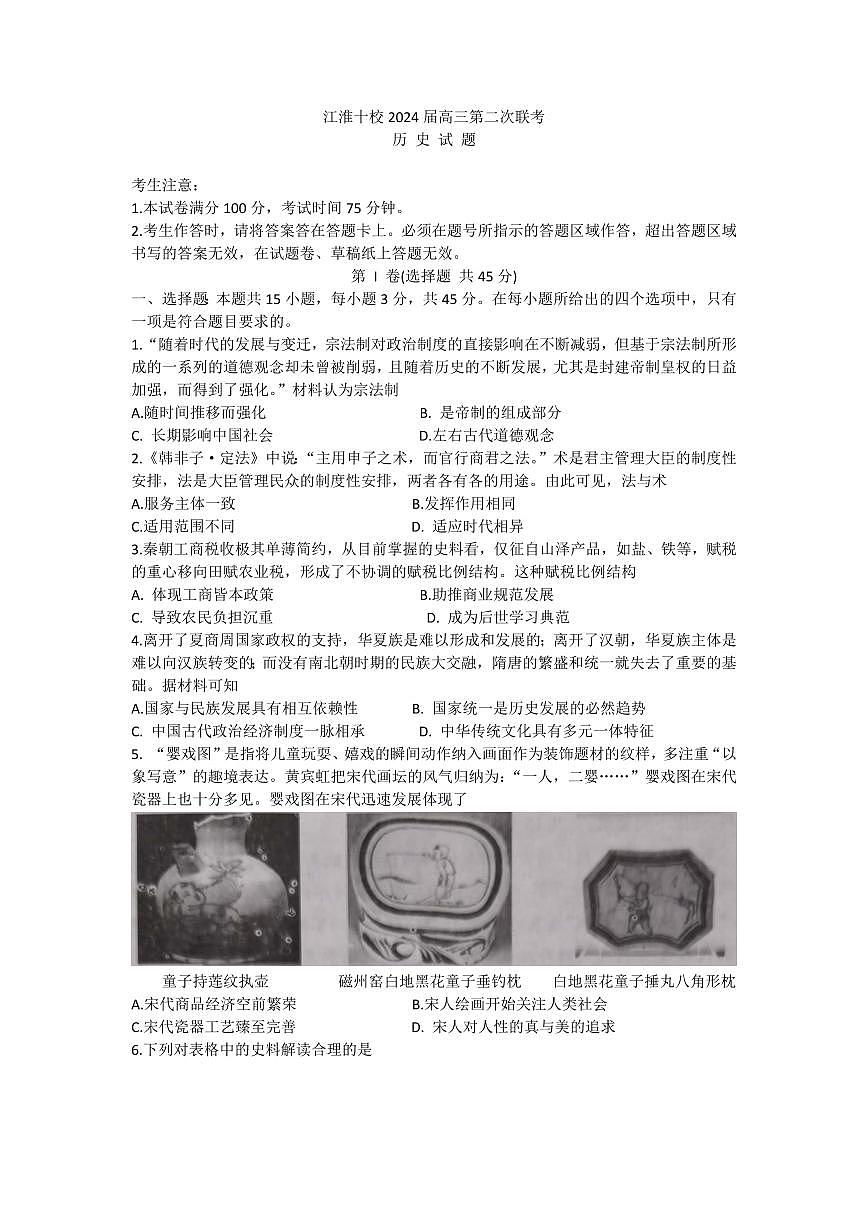 2024届安徽省江淮十校高三上(联考Ⅱ)-历史试题（含答案）第1页