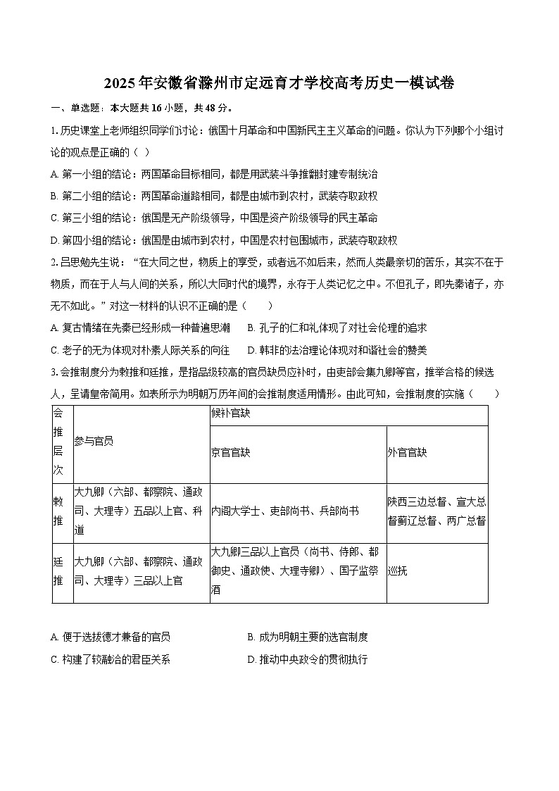 2025年安徽省滁州市定远育才学校高考历史一模试卷第1页