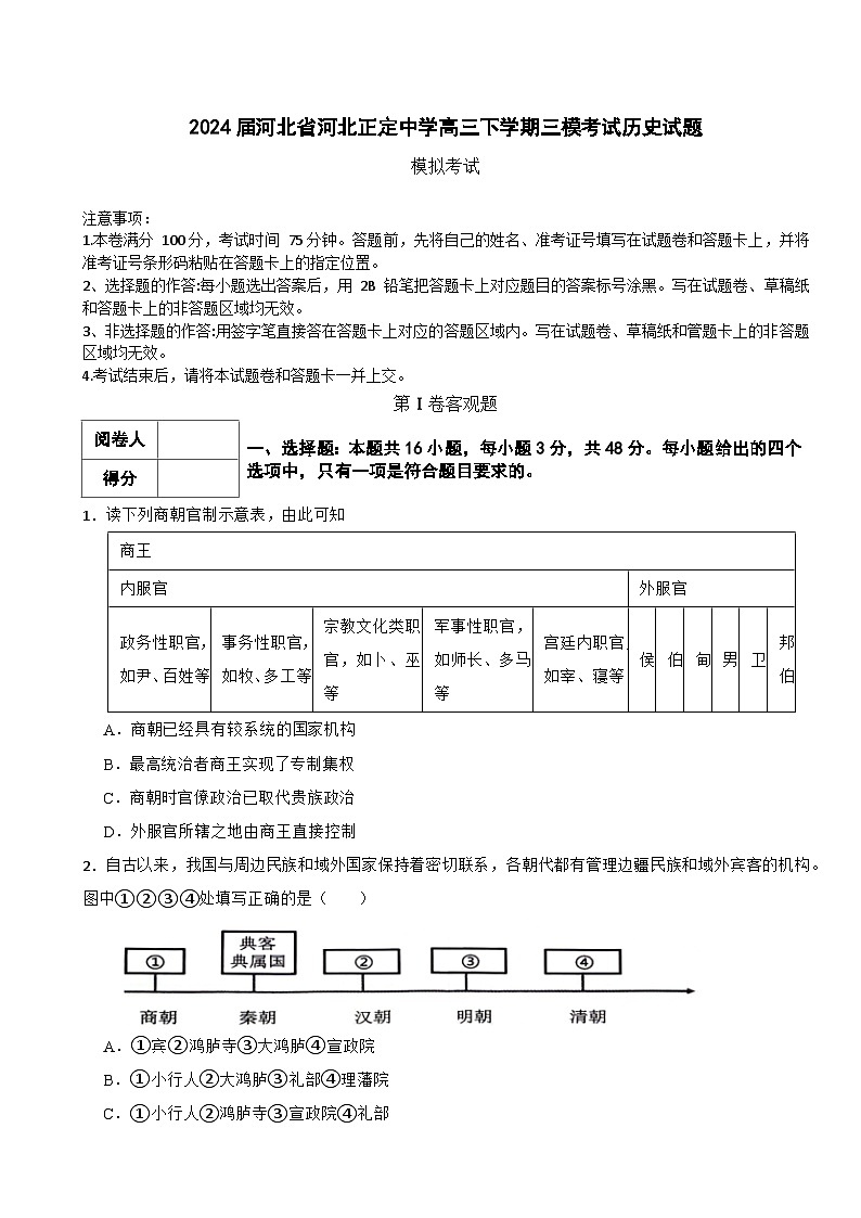 2024届河北省石家庄市正定中学高三下学期三模考试历史试题第1页