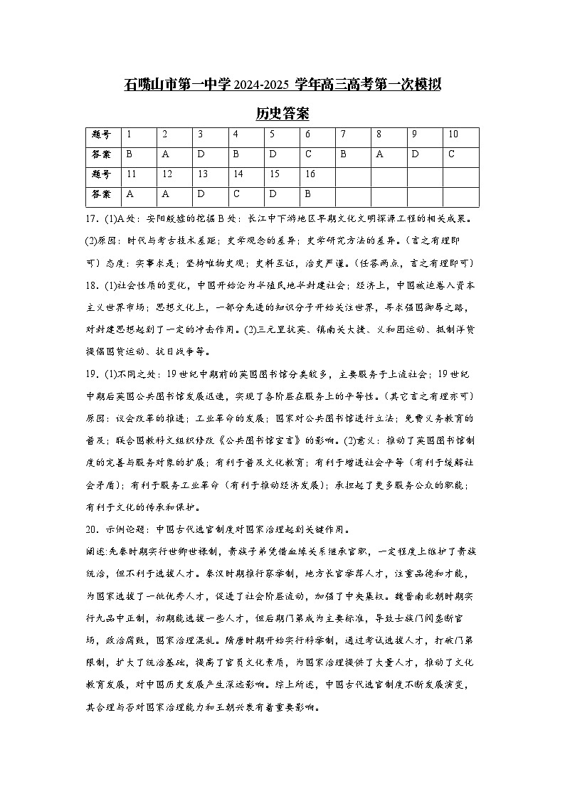 宁夏石嘴山市第一中学2024-2025学年下学期高三一模考试历史答案第1页