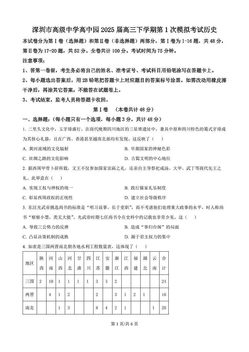 广东省深圳市高级中学高中园2025届高三高考模拟第一次模拟考试-历史试题+答案第1页
