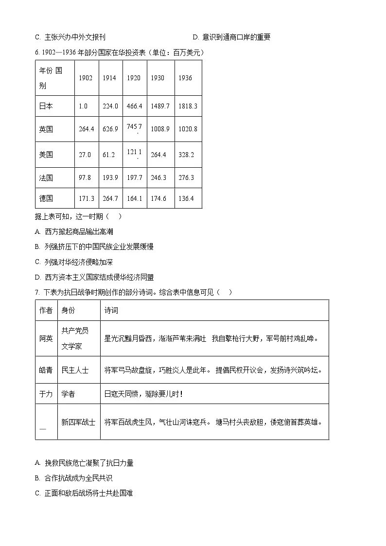 【九省联考】2024年1月普通高等学校招生考试适应性测试历史试题（安徽版） Word版无答案第2页