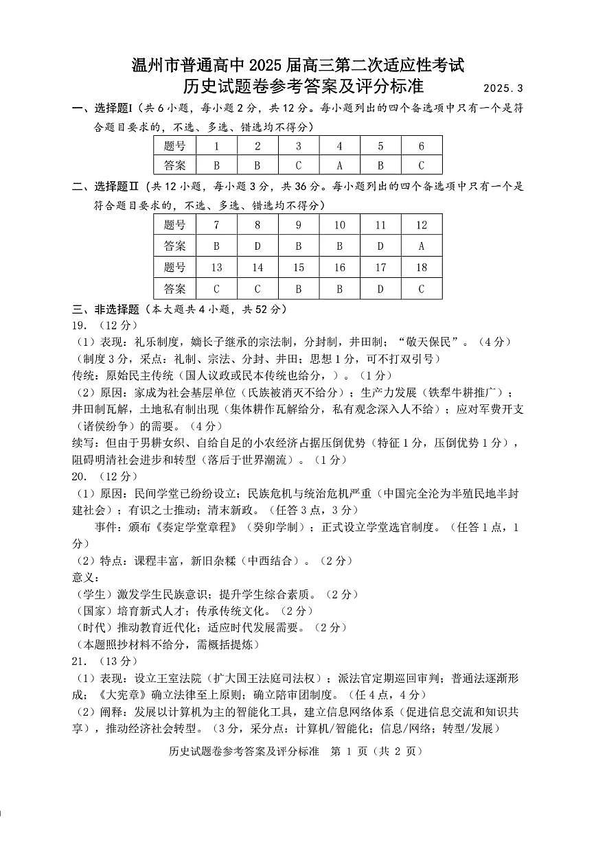 浙江省温州市2025届高三下学3月二模试题历史答案第1页