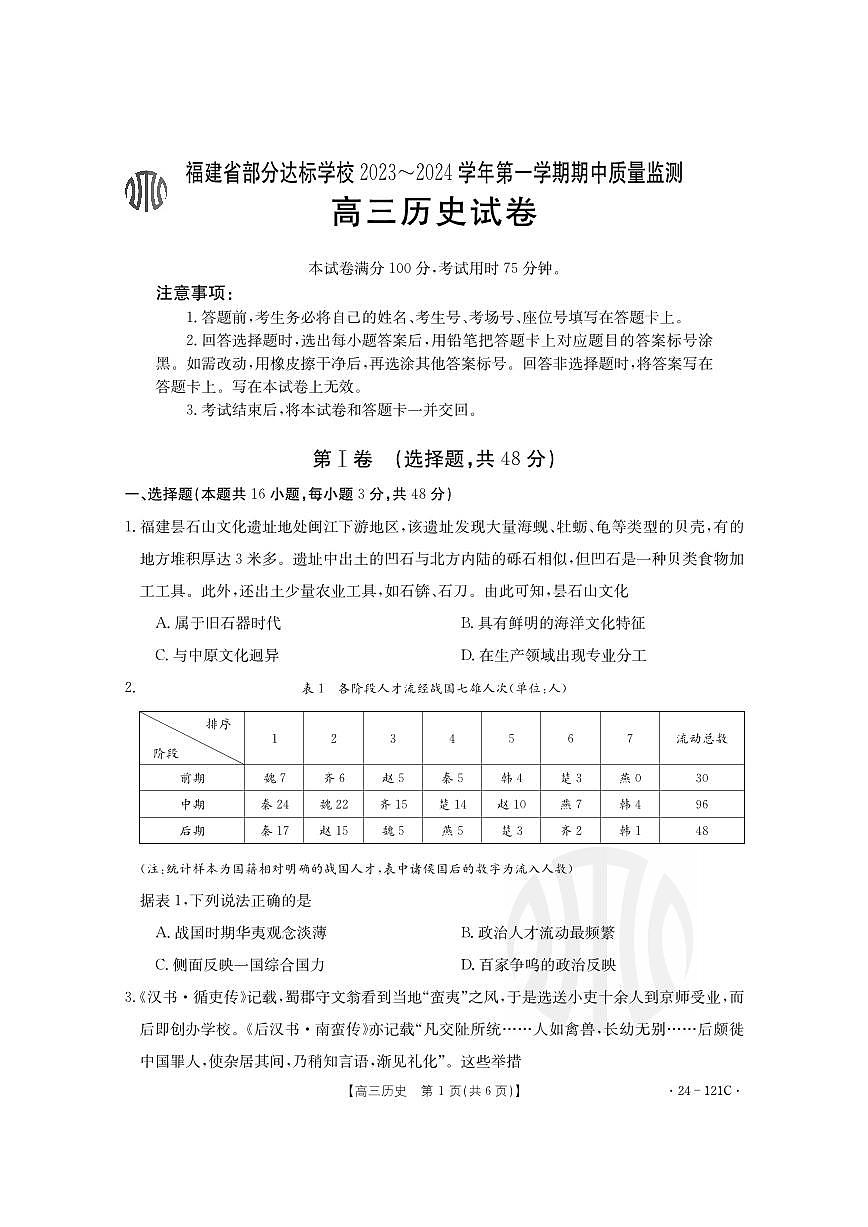 2024届福建部分达标学校高三上(11月期中)-历史试题（含答案）第1页