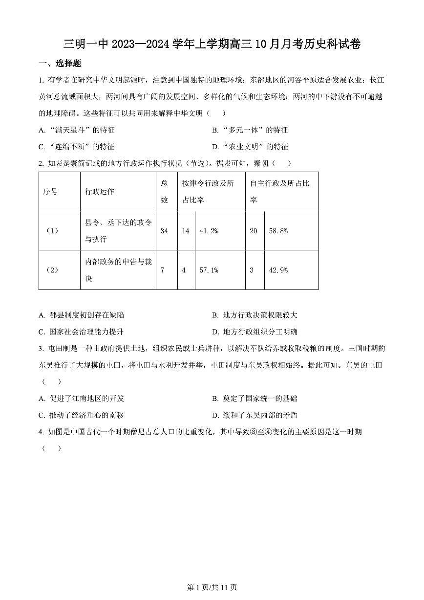 2024届福建省三明市一中高三10月月考试卷-历史试题（含答案）第1页