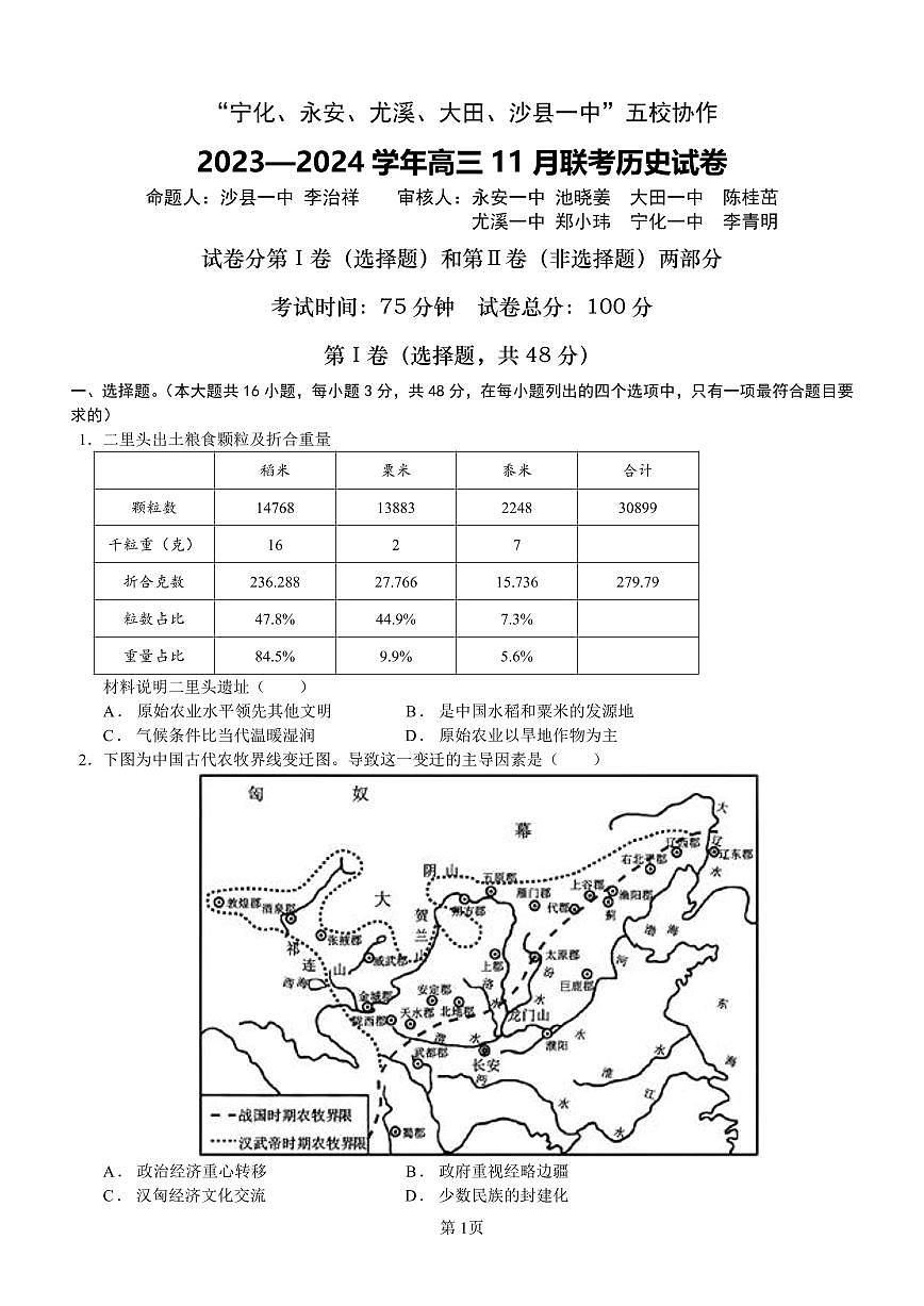 2024届福建省五校协作体高三上(11月考)-历史试题（含答案）第1页