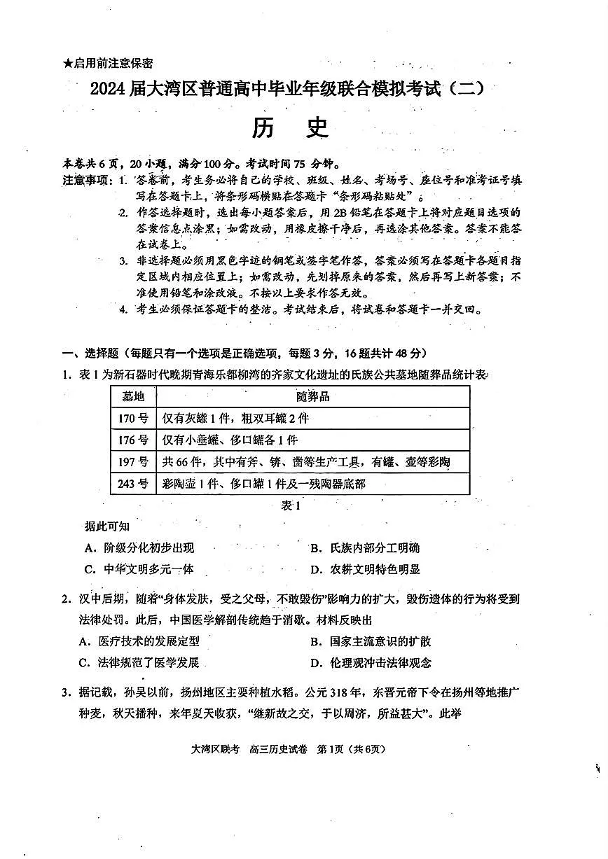2024届广东省大湾区高三第二次模拟-历史试卷（含答案）第1页