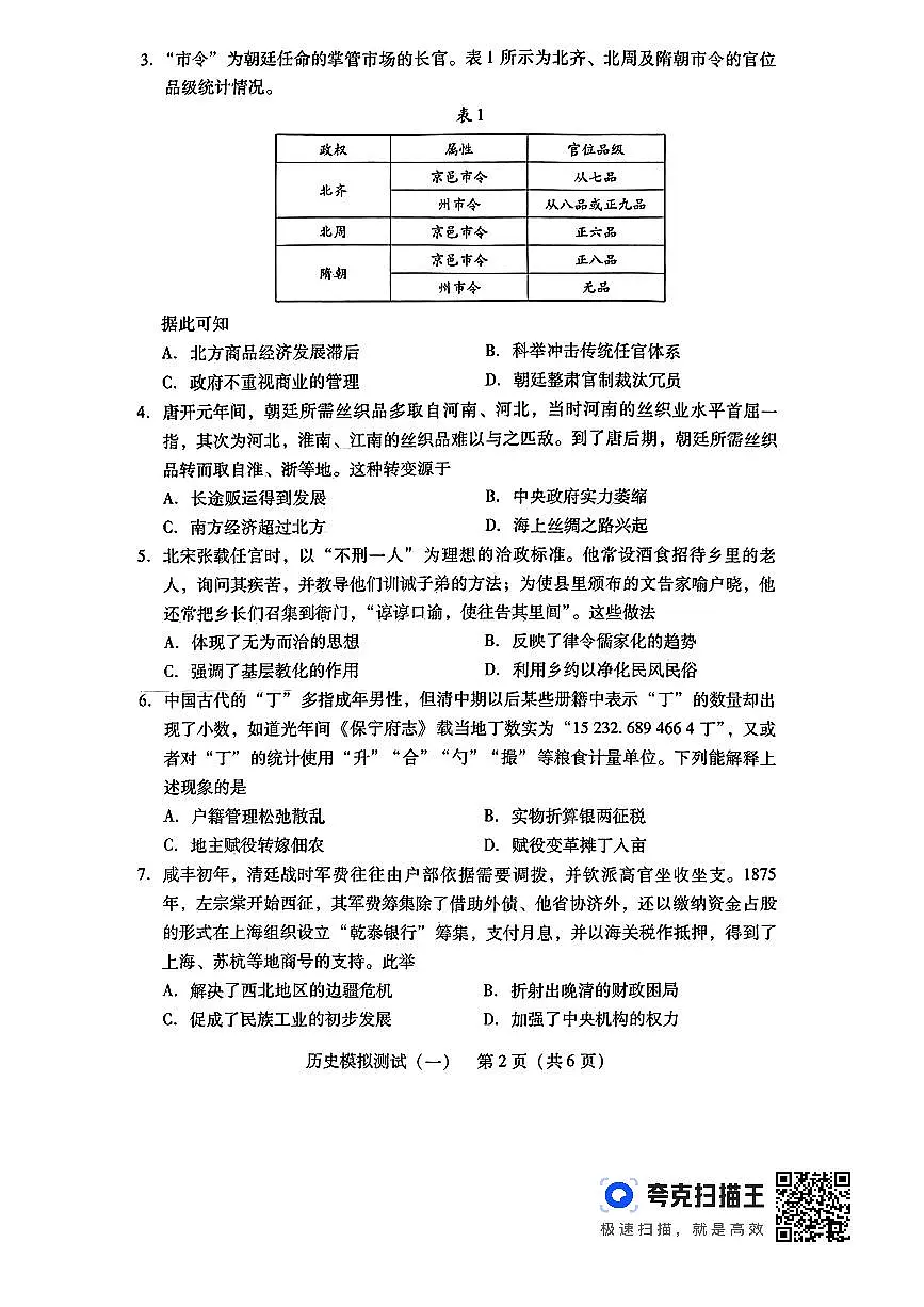 2024届广东省高三下学期3月一模考试-历史试卷（含答案）第2页