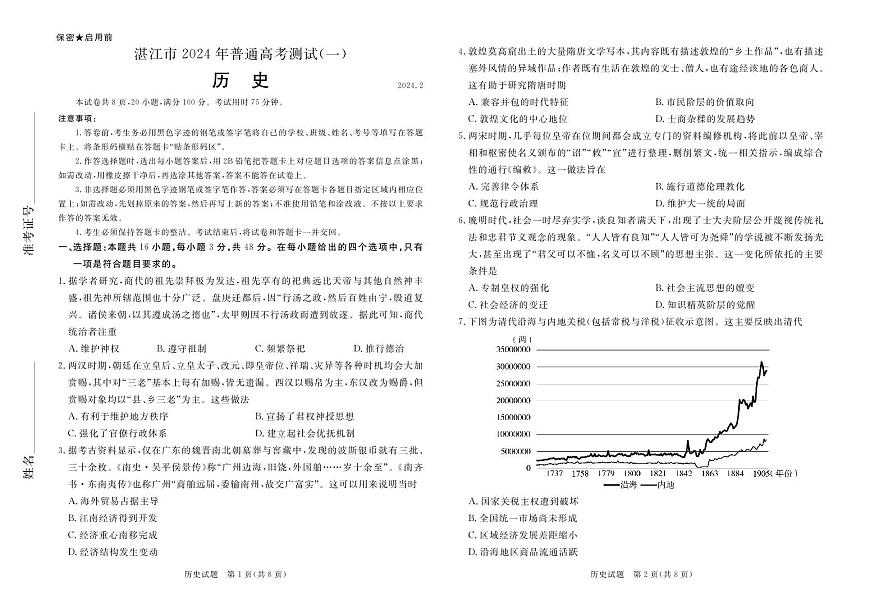 2024届广东省湛江市高三一模试卷(2月)-历史试题（含答案）第1页