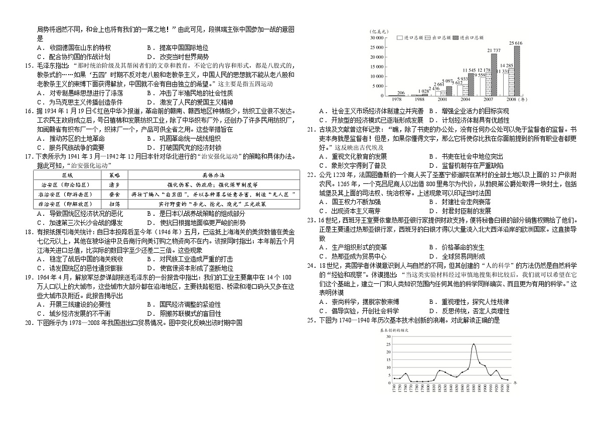河南省驻马店市重点高中2025届高三下期第三次考试历史试题（含答案）第2页