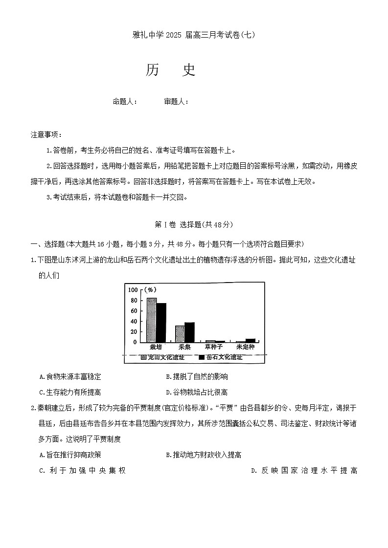湖南省长沙市雅礼中学2024-+2025+学年下学期高三月考（七）历史第1页