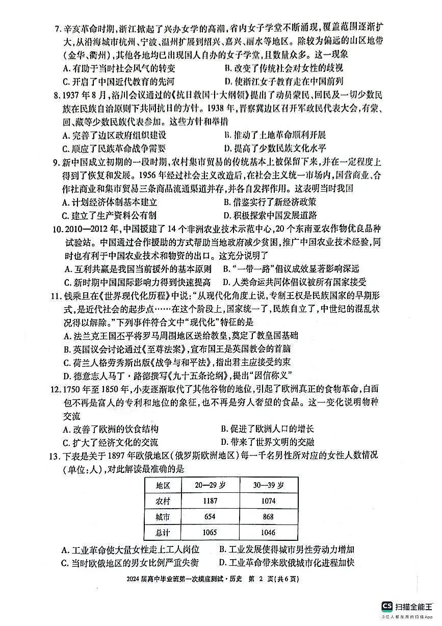 2024届广西高三第一次摸底考试-历史试题（含答案）第2页