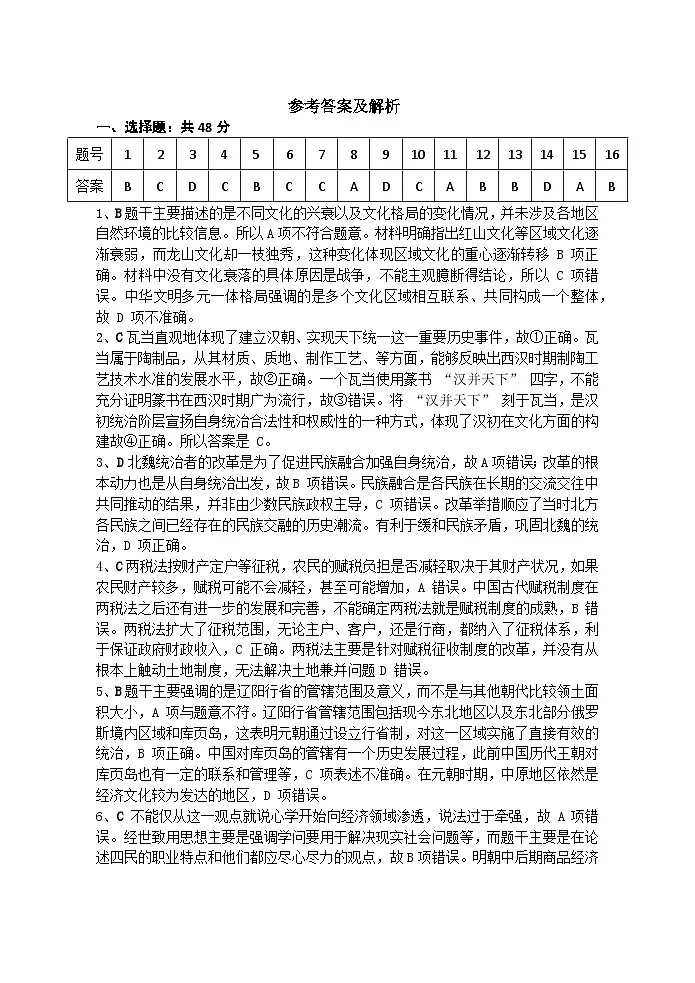 黑龙江省齐齐哈尔市2025届高三下学期二模考试历史答案第1页