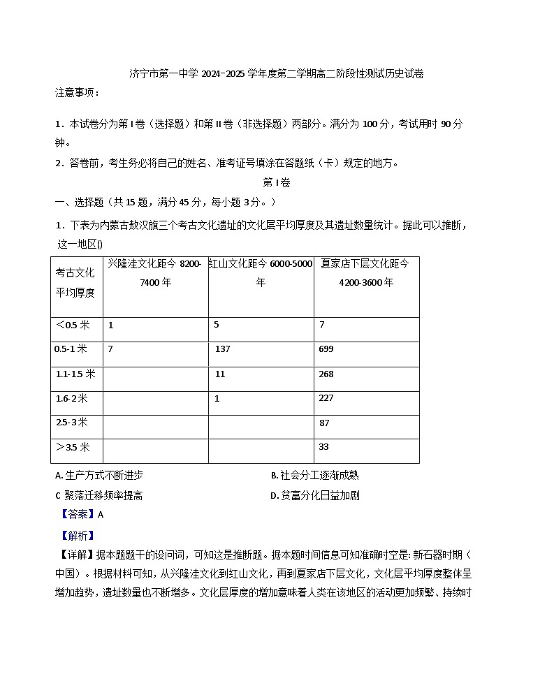 山东省济宁市任城区济宁市第一中学2024-2025学年高二下学期3月月考历史试题(解析版)第1页