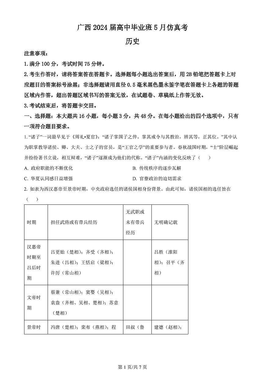 2024届广西高中毕业班5月仿真考-历史试卷（含答案）第1页