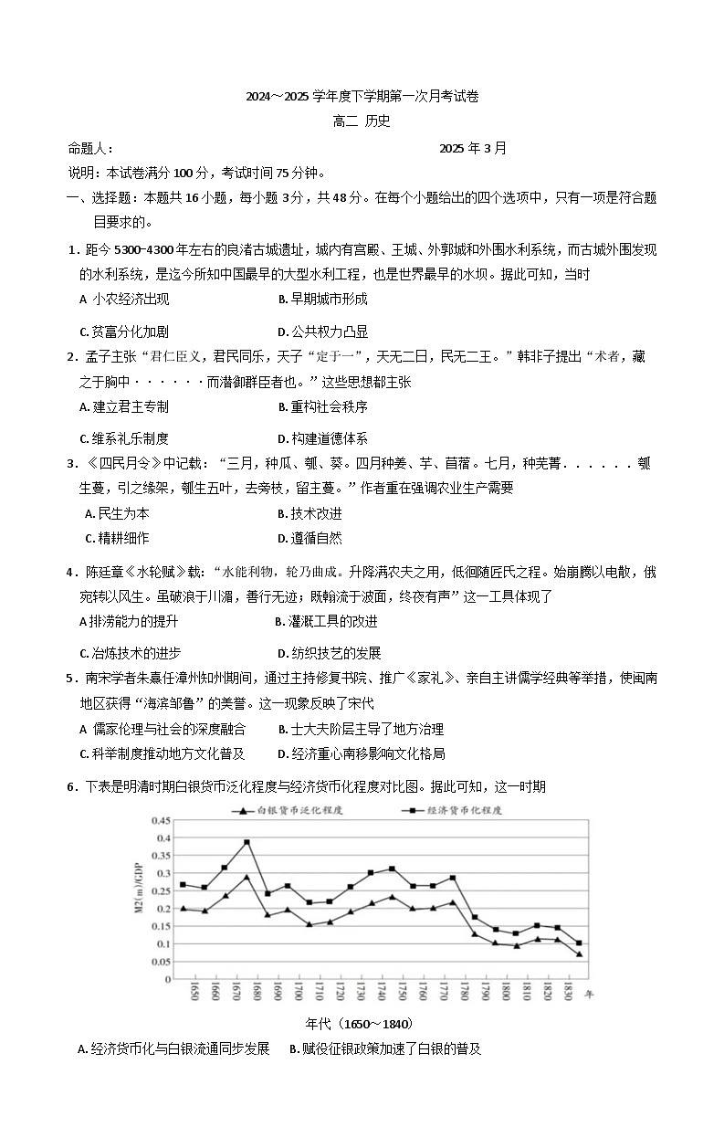 江西省六校联考2024-2025学年高二下学期第一次月考历史试题第1页