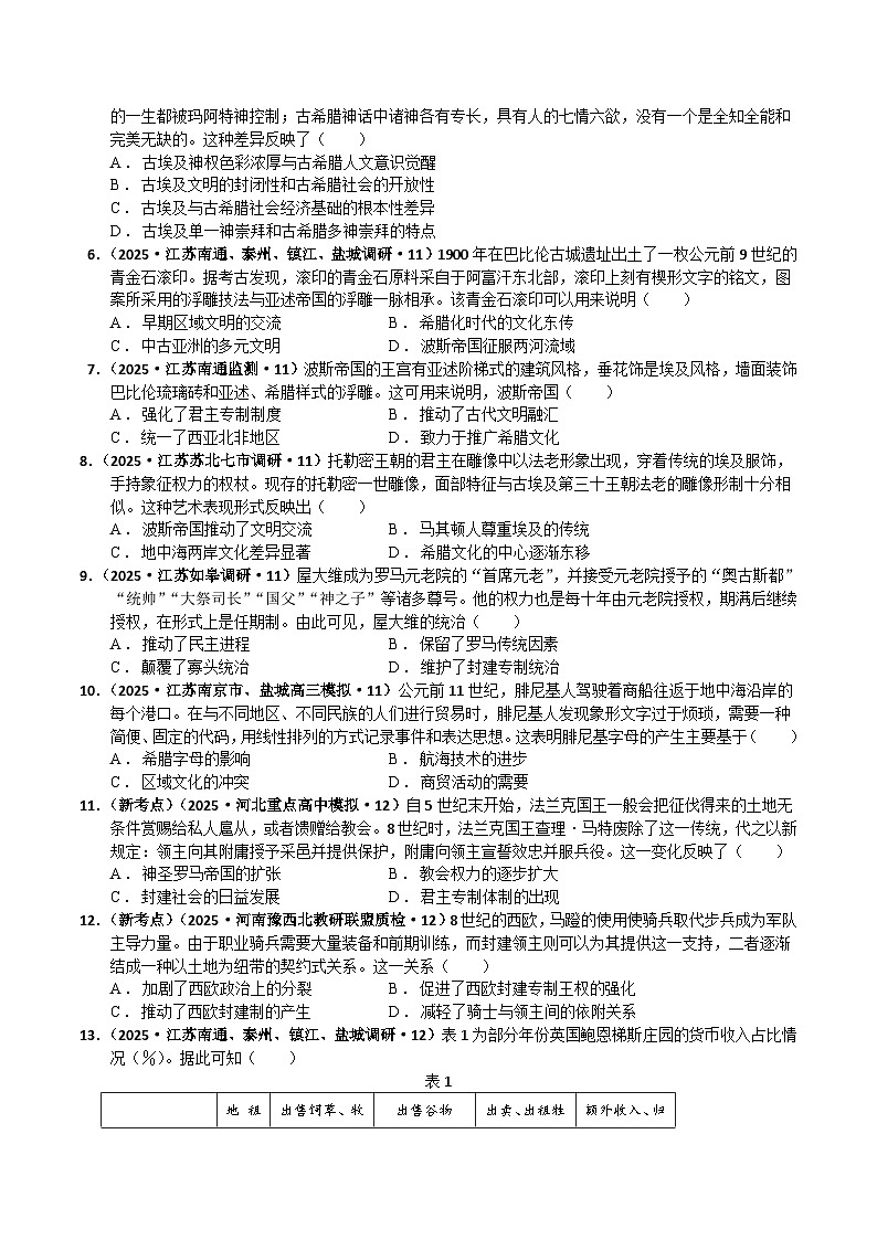 猜押05 世界史（古代文明产生至资本主义世界体系的确立） 选择题-2025年高考历史冲刺抢押秘籍专题讲练（江苏专用）（原卷版）第3页