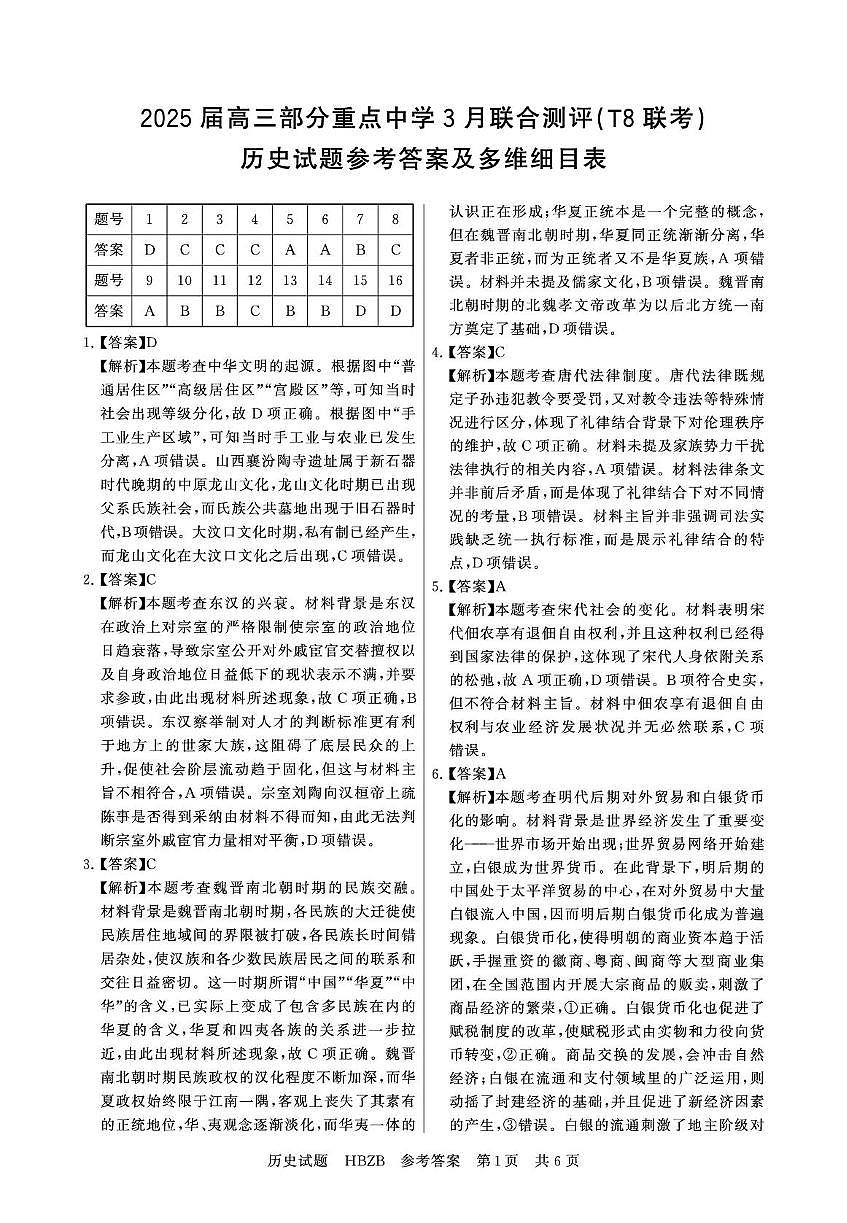 2025-3月联考 历史答案 河北版第1页
