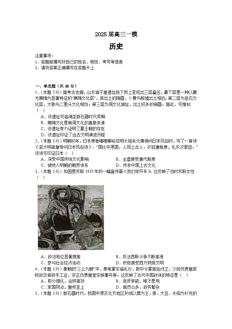湖南省长沙市第二十一中学2025届高三下学期一模历史试题 含解析第1页