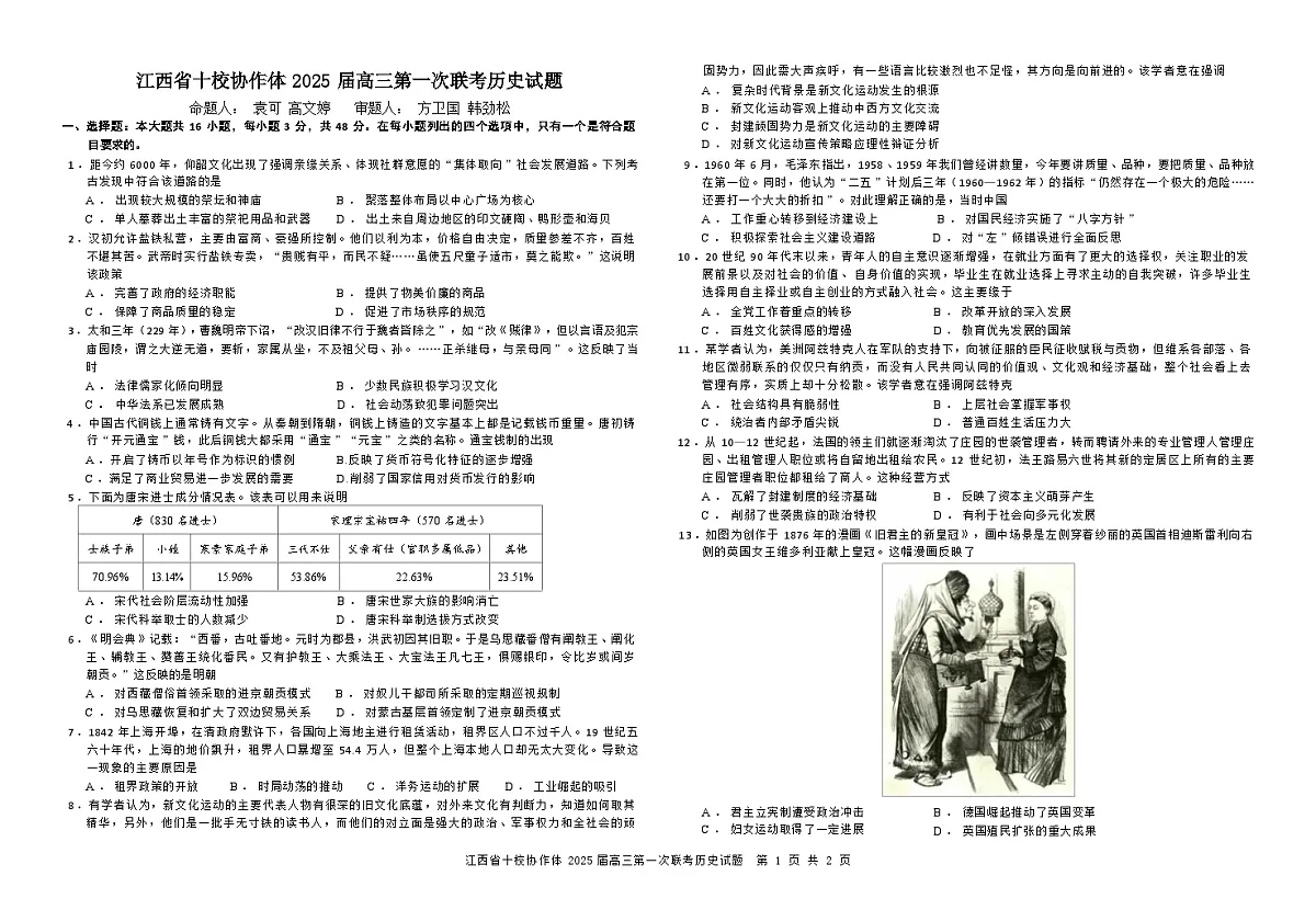 江西省十校协作体2024-2025学年高三上学期第一次联考试题 历史 含答案第1页